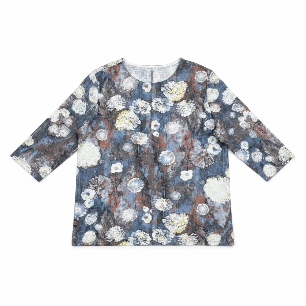 Bryn Walker Linen Blend Top Womens 2X Blue Floral Lagenlook Boho 3/4 Sleeve